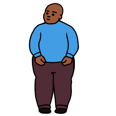  A person with achrondoplasia standing facing the viewer. They have brown skin and are wearing a blue long-sleeved shirt and light purple trousers.